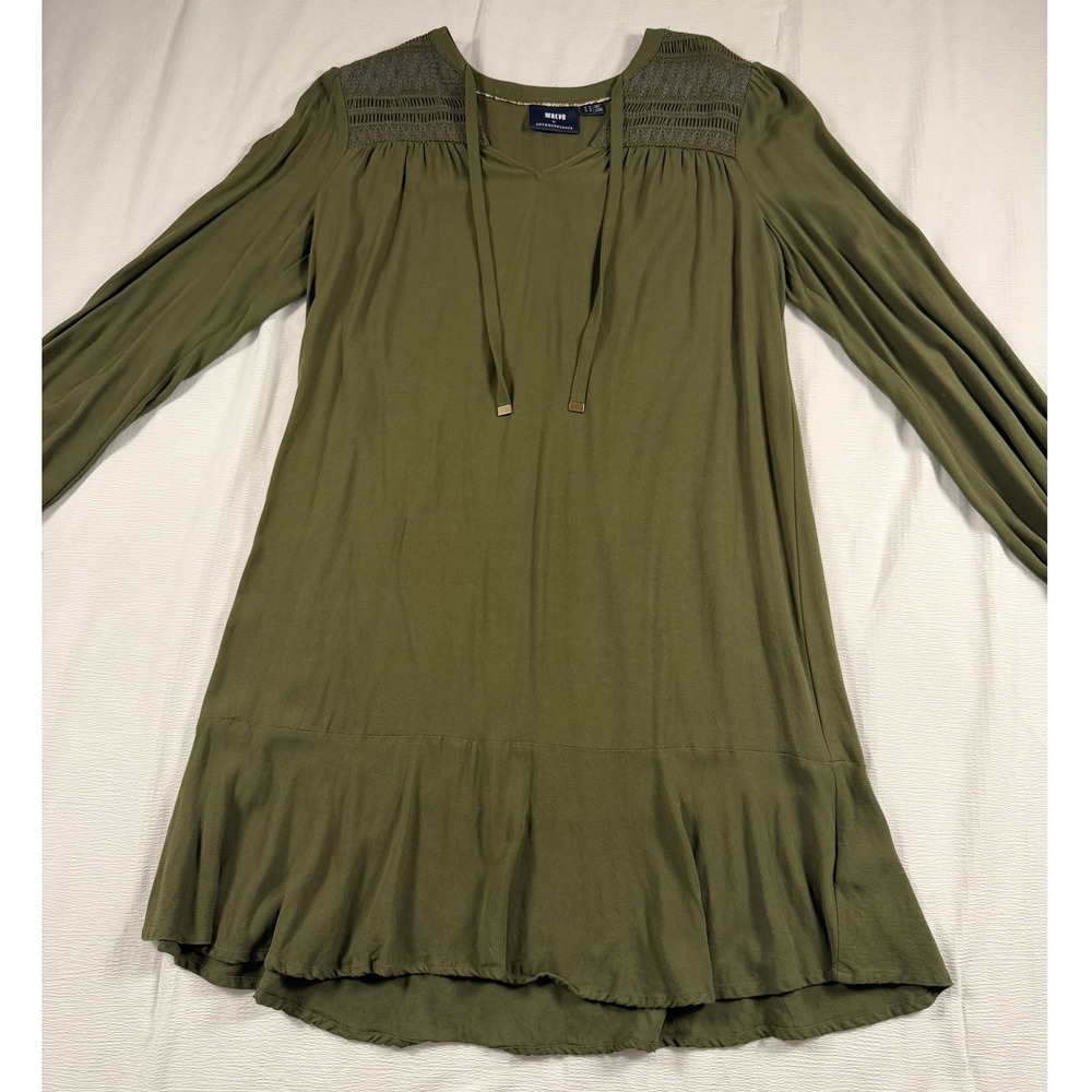 Maeve Anthropologie Olive Green Smocked Crochet V-Neck Ruffle Mini Dress Size 10